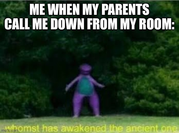 Whomst has awakened the ancient one | ME WHEN MY PARENTS CALL ME DOWN FROM MY ROOM: | image tagged in whomst has awakened the ancient one | made w/ Imgflip meme maker