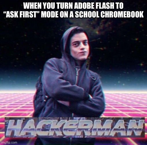 HackerMan | WHEN YOU TURN ADOBE FLASH TO “ASK FIRST” MODE ON A SCHOOL CHROMEBOOK | image tagged in hackerman | made w/ Imgflip meme maker
