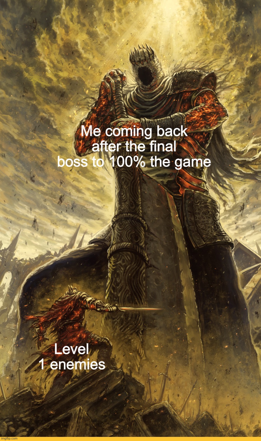 Anyone who gets to the endgame will know this pain | Me coming back after the final boss to 100% the game; Level 1 enemies | image tagged in fantasy painting,gaming | made w/ Imgflip meme maker