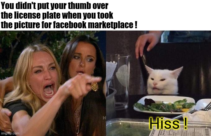 Woman Yelling At Cat Meme | You didn't put your thumb over the license plate when you took the picture for facebook marketplace ! Hiss ! | image tagged in memes,woman yelling at cat | made w/ Imgflip meme maker