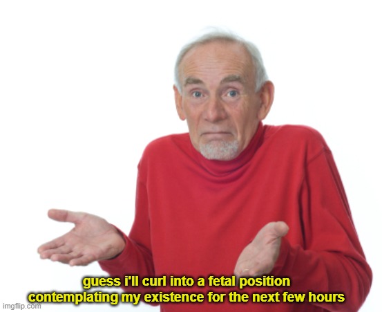 when dysmorphia hits | guess i'll curl into a fetal position contemplating my existence for the next few hours | image tagged in guess i'll die,transgender,dysmorphia,lgbtq | made w/ Imgflip meme maker