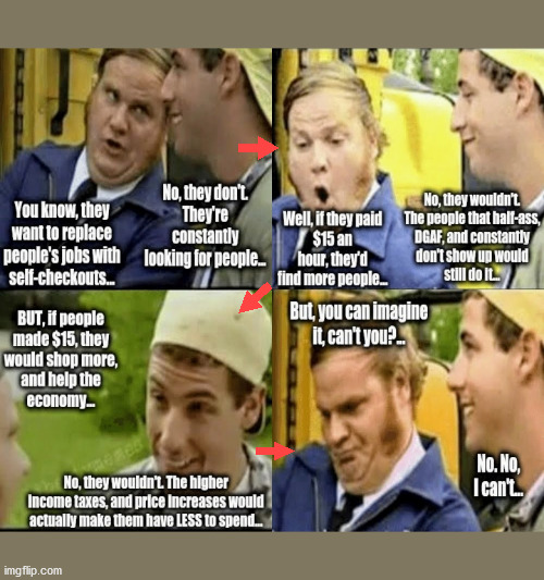 Bus Drivernomics | image tagged in farley bus,billy madison bus,self checkout,minimum wage | made w/ Imgflip meme maker