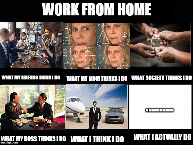 What I actually do | WORK FROM HOME; WHAT MY MOM THINKS I DO; WHAT MY FRIENDS THINK I DO; WHAT SOCIETY THINKS I DO; .......... WHAT I ACTUALLY DO; WHAT I THINK I DO; WHAT MY BOSS THINKS I DO | image tagged in what i actually do | made w/ Imgflip meme maker