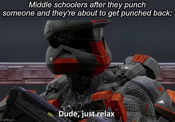 Dude just relax | Middle schoolers after they punch someone and they're about to get punched back: | image tagged in dude just relax | made w/ Imgflip meme maker