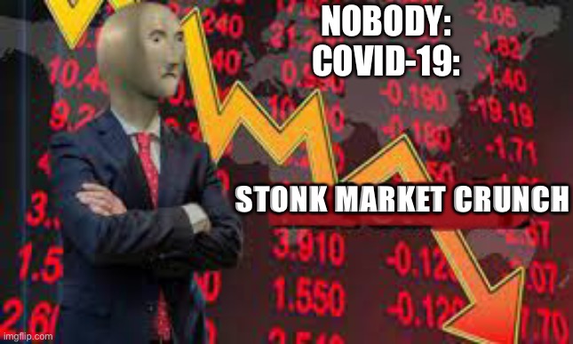 Not stonk | NOBODY:

COVID-19:; STONK MARKET CRUNCH | image tagged in dumb,funny,memes | made w/ Imgflip meme maker