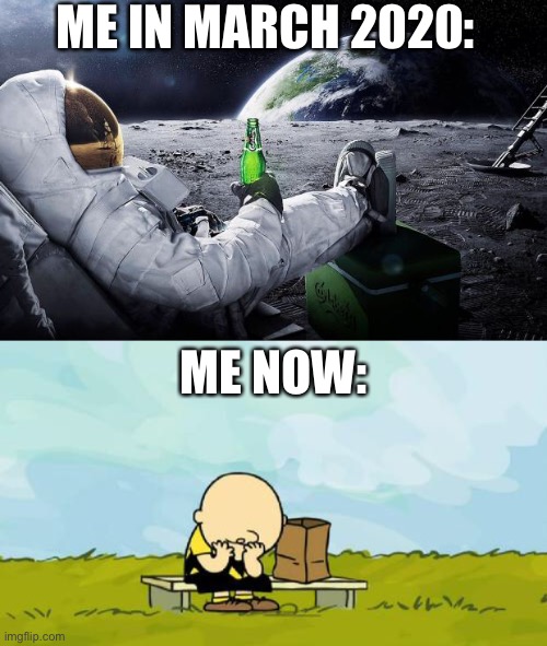 Staying isolated for almost a year has taken its toll on my sanity. | ME IN MARCH 2020:; ME NOW: | image tagged in chillin' astronaut,depressed charlie brown,sanity,coronavirus,stay at home,peanuts | made w/ Imgflip meme maker