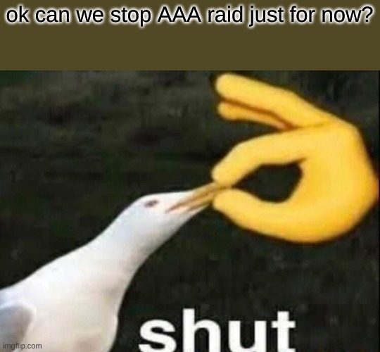 plz shut it. | ok can we stop AAA raid just for now? | image tagged in shut | made w/ Imgflip meme maker