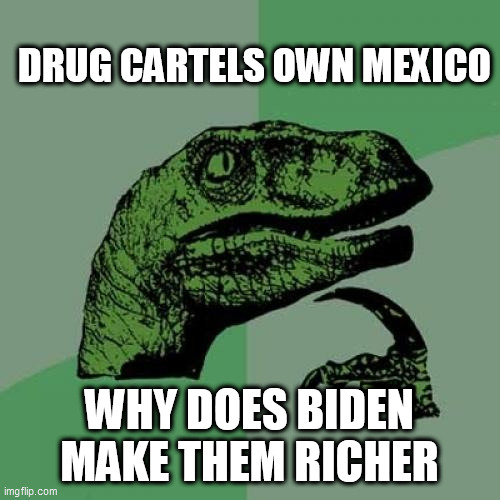 Philosoraptor | DRUG CARTELS OWN MEXICO; WHY DOES BIDEN MAKE THEM RICHER | image tagged in memes,philosoraptor | made w/ Imgflip meme maker