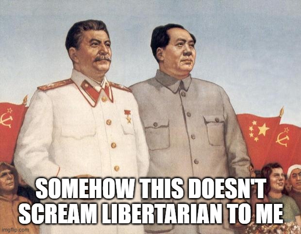 Stalin and Mao | SOMEHOW THIS DOESN'T SCREAM LIBERTARIAN TO ME | image tagged in stalin and mao | made w/ Imgflip meme maker