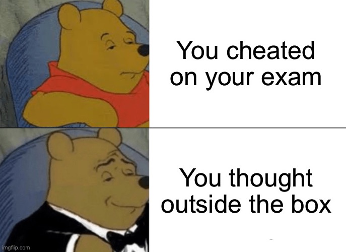 Tuxedo Winnie The Pooh | You cheated on your exam; You thought outside the box | image tagged in memes,tuxedo winnie the pooh | made w/ Imgflip meme maker