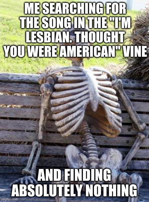 Does Anyone Know The Song? | ME SEARCHING FOR THE SONG IN THE "I'M LESBIAN. THOUGHT YOU WERE AMERICAN" VINE; AND FINDING ABSOLUTELY NOTHING | image tagged in memes,waiting skeleton,vine,funny memes | made w/ Imgflip meme maker