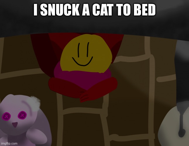 A | I SNUCK A CAT TO BED | image tagged in there is a god under my bed help | made w/ Imgflip meme maker