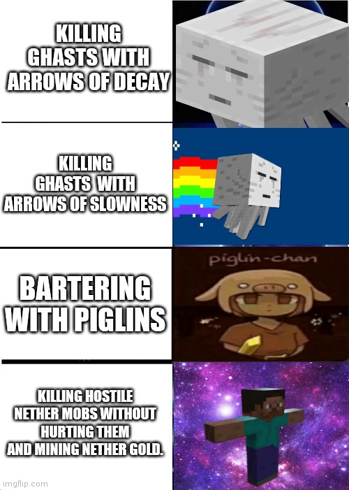 Expanding Brain Meme | KILLING GHASTS WITH ARROWS OF DECAY; KILLING GHASTS  WITH ARROWS OF SLOWNESS; BARTERING WITH PIGLINS; KILLING HOSTILE NETHER MOBS WITHOUT HURTING THEM AND MINING NETHER GOLD. | image tagged in memes,expanding brain | made w/ Imgflip meme maker
