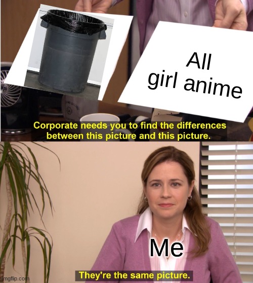 randomness | All girl anime; Me | image tagged in memes,they're the same picture | made w/ Imgflip meme maker