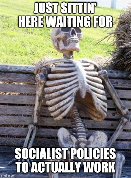 Death by starvation or execution | JUST SITTIN' HERE WAITING FOR; SOCIALIST POLICIES TO ACTUALLY WORK | image tagged in memes,waiting skeleton | made w/ Imgflip meme maker