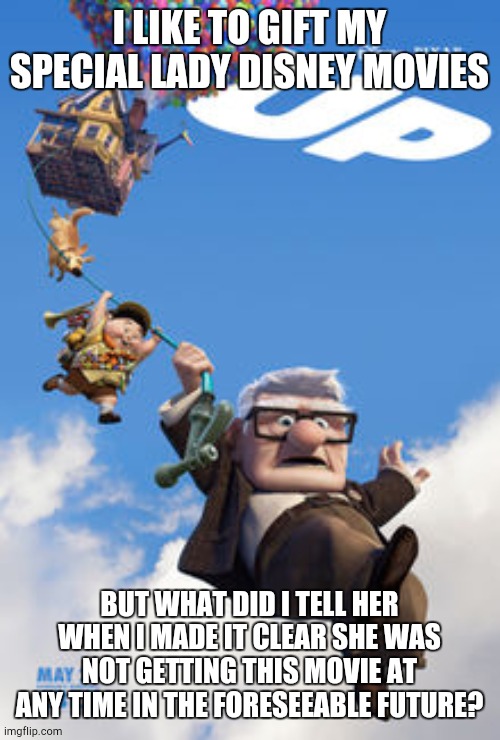 YG GNU (anag.) | I LIKE TO GIFT MY SPECIAL LADY DISNEY MOVIES; BUT WHAT DID I TELL HER WHEN I MADE IT CLEAR SHE WAS NOT GETTING THIS MOVIE AT ANY TIME IN THE FORESEEABLE FUTURE? | image tagged in up | made w/ Imgflip meme maker