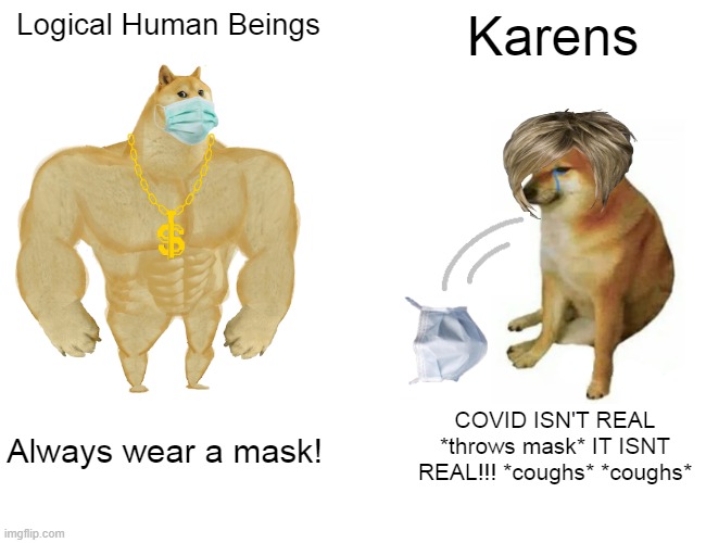 IT ISNT REAL!!!! | Logical Human Beings; Karens; COVID ISN'T REAL *throws mask* IT ISNT REAL!!! *coughs* *coughs*; Always wear a mask! | image tagged in memes,buff doge vs cheems | made w/ Imgflip meme maker