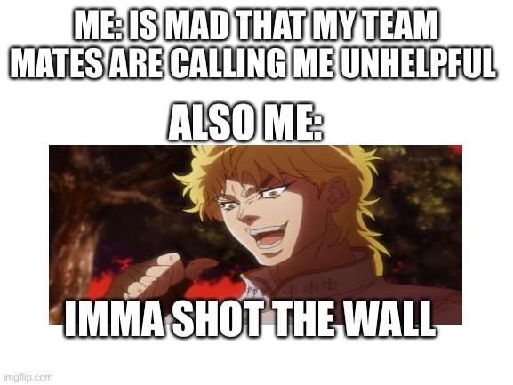 True |  ME: IS MAD THAT MY TEAM MATES ARE CALLING ME UNHELPFUL; ALSO ME:; IMMA SHOT THE WALL | image tagged in blank white template | made w/ Imgflip meme maker