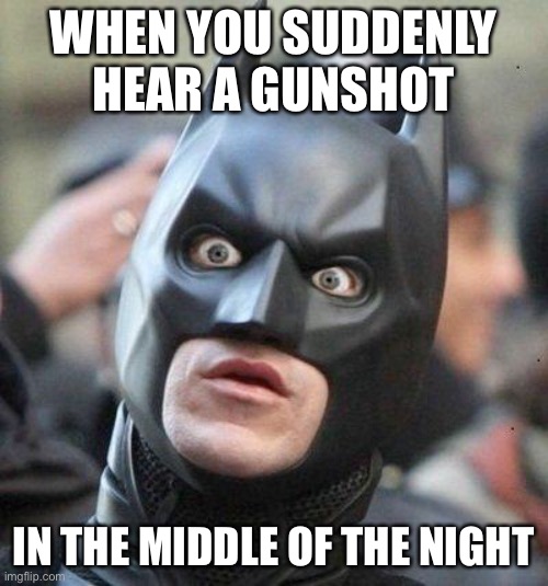 Oof | WHEN YOU SUDDENLY HEAR A GUNSHOT; IN THE MIDDLE OF THE NIGHT | image tagged in shocked batman | made w/ Imgflip meme maker