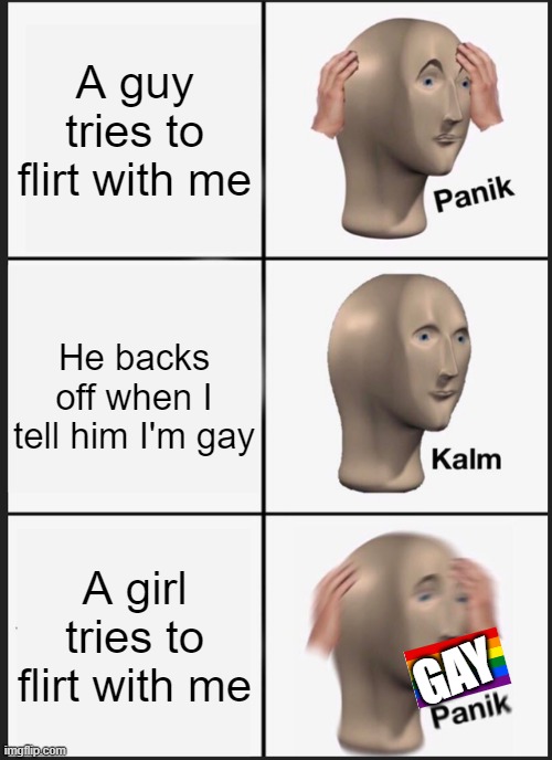 Gay Panik | A guy tries to flirt with me; He backs off when I tell him I'm gay; A girl tries to flirt with me; GAY | image tagged in memes,panik kalm panik | made w/ Imgflip meme maker