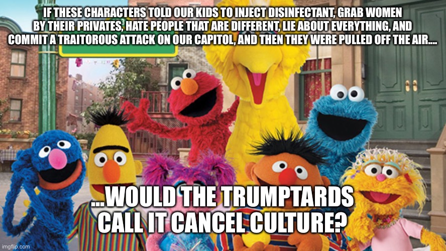 Sesame Street Blank Sign | IF THESE CHARACTERS TOLD OUR KIDS TO INJECT DISINFECTANT, GRAB WOMEN BY THEIR PRIVATES, HATE PEOPLE THAT ARE DIFFERENT, LIE ABOUT EVERYTHING, AND COMMIT A TRAITOROUS ATTACK ON OUR CAPITOL, AND THEN THEY WERE PULLED OFF THE AIR.... ...WOULD THE TRUMPTARDS CALL IT CANCEL CULTURE? | image tagged in sesame street blank sign | made w/ Imgflip meme maker