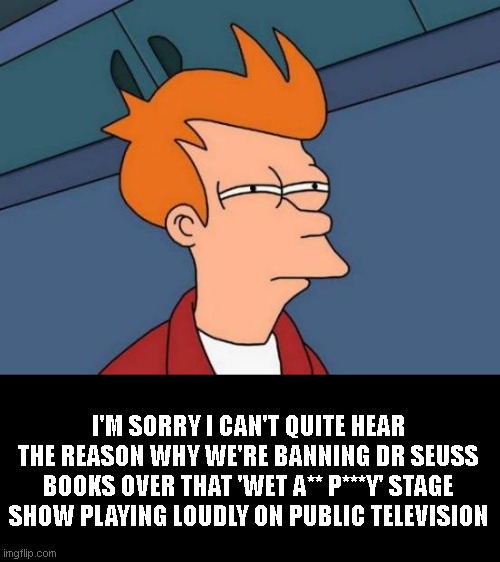 Futurama Fry | I'M SORRY I CAN'T QUITE HEAR THE REASON WHY WE'RE BANNING DR SEUSS BOOKS OVER THAT 'WET A** P***Y' STAGE SHOW PLAYING LOUDLY ON PUBLIC TELEVISION | image tagged in memes,futurama fry | made w/ Imgflip meme maker