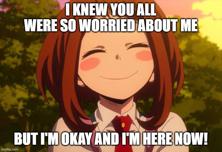I forgot my password..... | I KNEW YOU ALL WERE SO WORRIED ABOUT ME; BUT I'M OKAY AND I'M HERE NOW! | image tagged in smiling uraraka | made w/ Imgflip meme maker