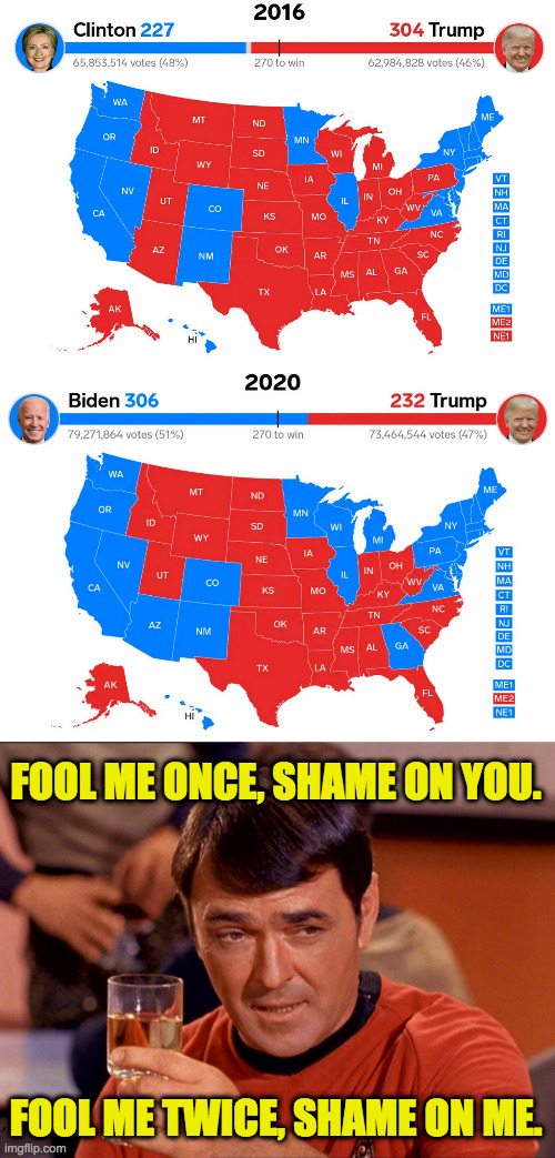 How many more states will wake up in 2024? | FOOL ME ONCE, SHAME ON YOU. FOOL ME TWICE, SHAME ON ME. | image tagged in star trek scotty,memes,electoral college,that's my america,shame on you | made w/ Imgflip meme maker