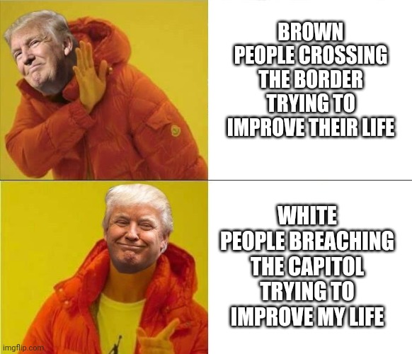 Trump Drakeposting | BROWN PEOPLE CROSSING THE BORDER TRYING TO IMPROVE THEIR LIFE; WHITE PEOPLE BREACHING THE CAPITOL TRYING TO IMPROVE MY LIFE | image tagged in trump drakeposting | made w/ Imgflip meme maker