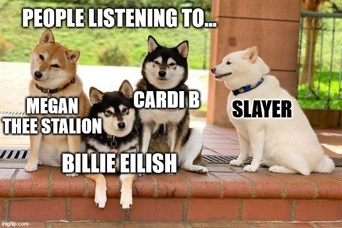 Bitch, Please! | PEOPLE LISTENING TO... SLAYER; MEGAN THEE STALION; CARDI B; BILLIE EILISH | image tagged in funny animals,shiba inu,cardi b,billie eilish,slayer,bad music | made w/ Imgflip meme maker