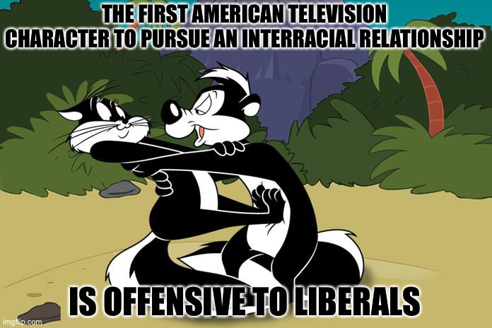 Pepe le pew | THE FIRST AMERICAN TELEVISION CHARACTER TO PURSUE AN INTERRACIAL RELATIONSHIP; IS OFFENSIVE TO LIBERALS | image tagged in pepe le pew,so true,interracial couple,not funny,liberal logic | made w/ Imgflip meme maker