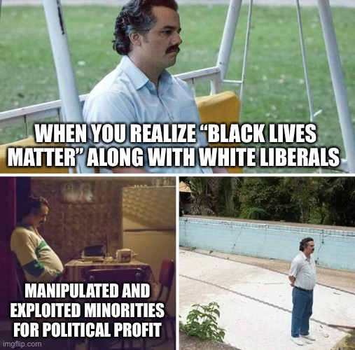 Sad Pablo Escobar Meme | WHEN YOU REALIZE “BLACK LIVES MATTER” ALONG WITH WHITE LIBERALS MANIPULATED AND EXPLOITED MINORITIES FOR POLITICAL PROFIT | image tagged in memes,sad pablo escobar | made w/ Imgflip meme maker