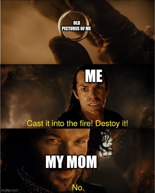 cast it into the fire | OLD PICTURES OF ME; ME; MY MOM | image tagged in cast it into the fire | made w/ Imgflip meme maker