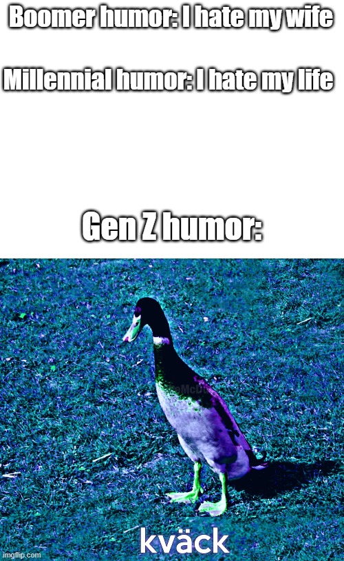 lol | Boomer humor: I hate my wife; Millennial humor: I hate my life; Gen Z humor: | image tagged in blank white template | made w/ Imgflip meme maker