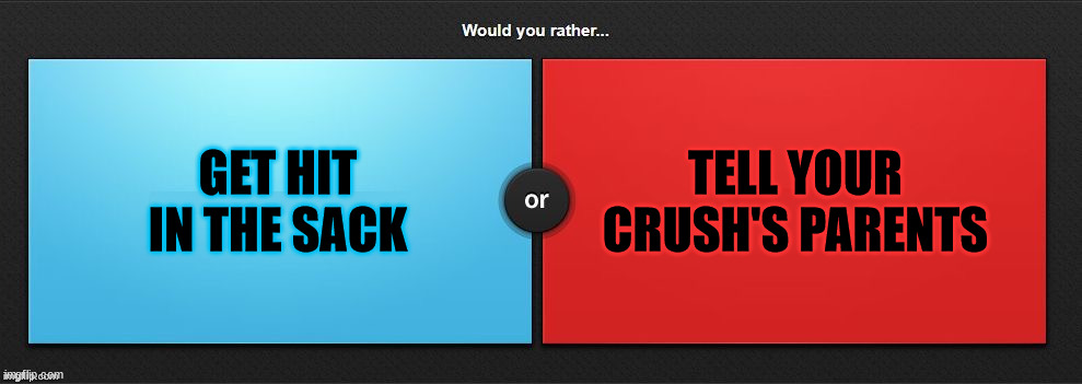 Would You Rather | GET HIT IN THE SACK; TELL YOUR CRUSH'S PARENTS | image tagged in would you rather | made w/ Imgflip meme maker