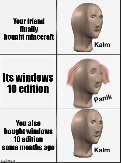 Not to judge,but i think windows 10 edition is better than java cuz it runs faster. | Your friend finally bought minecraft; Its windows 10 edition; You also bought windows 10 edition some months ago | image tagged in reverse kalm panik,minecraft | made w/ Imgflip meme maker