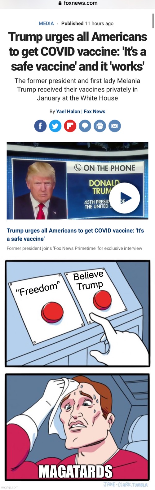 Believe Trump; “Freedom”; MAGATARDS | image tagged in memes,two buttons,maga,vaccine,covid | made w/ Imgflip meme maker