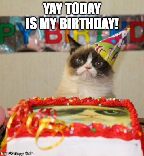 Grumpy Cat Birthday Meme | YAY TODAY IS MY BIRTHDAY! | image tagged in memes,grumpy cat birthday,grumpy cat | made w/ Imgflip meme maker