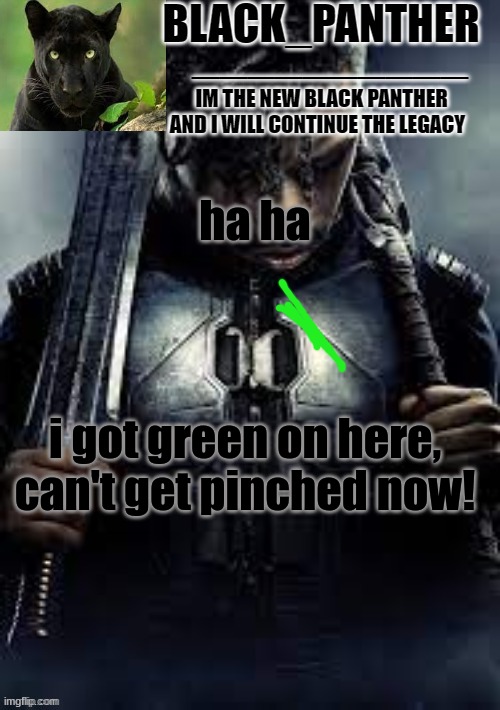 Black_Panther's new temp | ha ha; i got green on here, can't get pinched now! | image tagged in black_panther's new temp | made w/ Imgflip meme maker