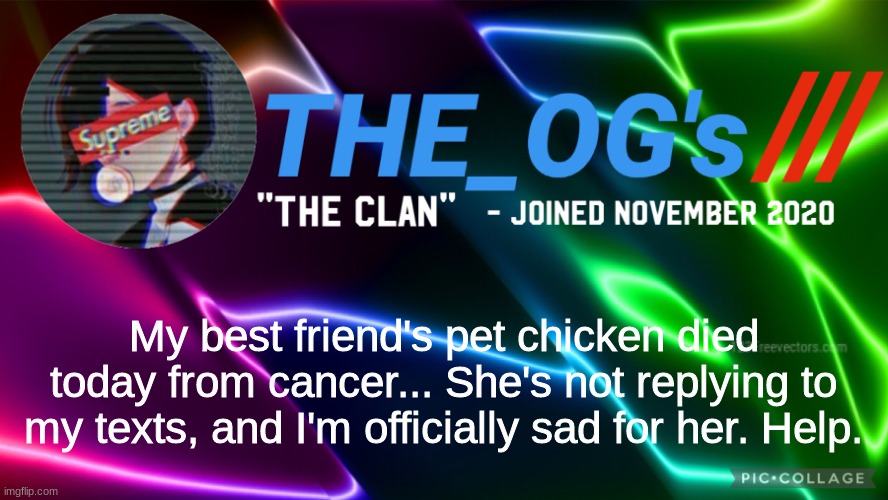 Sad right now... | My best friend's pet chicken died today from cancer... She's not replying to my texts, and I'm officially sad for her. Help. | image tagged in the_ogs neon supreme multi-color custom announcement template | made w/ Imgflip meme maker