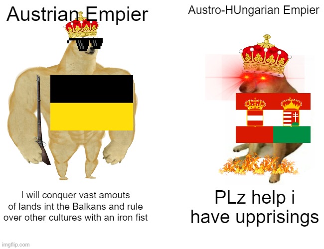 Austrian Empier VS Austro-Hungarian Empier | Austrian Empier; Austro-HUngarian Empier; I will conquer vast amouts of lands int the Balkans and rule over other cultures with an iron fist; PLz help i have upprisings | image tagged in memes,buff doge vs cheems | made w/ Imgflip meme maker