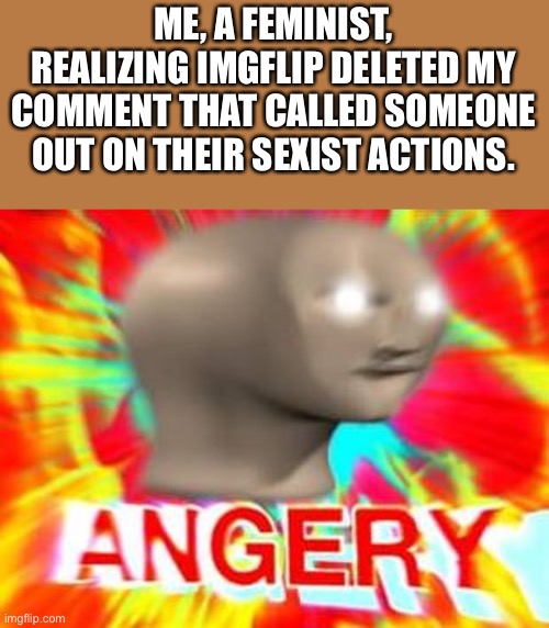 SRSLY!!!!! | ME, A FEMINIST, REALIZING IMGFLIP DELETED MY COMMENT THAT CALLED SOMEONE OUT ON THEIR SEXIST ACTIONS. | image tagged in surreal angery,angery,meme man,imgflip,meme comments,comment deleted | made w/ Imgflip meme maker