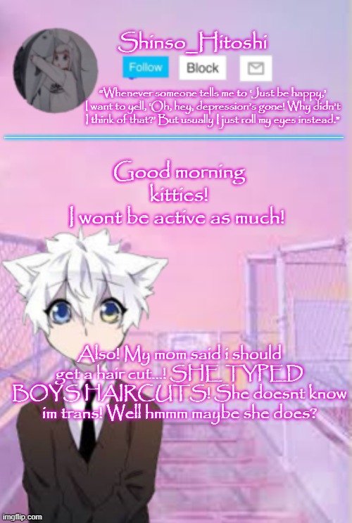 >W< | Good morning kitties!
I wont be active as much! Also! My mom said i should get a hair cut...! SHE TYPED BOYS HAIRCUTS! She doesnt know im trans! Well hmmm maybe she does? | image tagged in shinso_hitoshi template | made w/ Imgflip meme maker