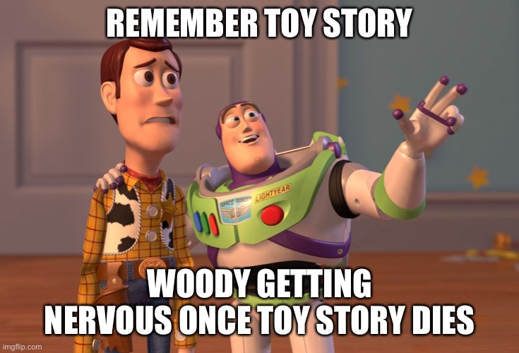Toy story | REMEMBER TOY STORY; WOODY GETTING NERVOUS ONCE TOY STORY DIES | image tagged in memes,x x everywhere | made w/ Imgflip meme maker
