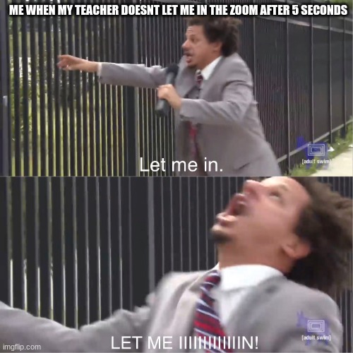 only corona kids can relate s m h | ME WHEN MY TEACHER DOESNT LET ME IN THE ZOOM AFTER 5 SECONDS | image tagged in let me in | made w/ Imgflip meme maker