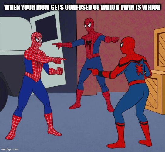 Spider Man Triple | WHEN YOUR MOM GETS CONFUSED OF WHICH TWIN IS WHICH | image tagged in spider man triple | made w/ Imgflip meme maker