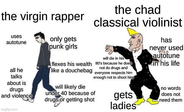 Virgin vs Chad | the virgin rapper the chad classical violinist all he talks about is drugs and violence no words does not need them uses autotune has never  | image tagged in virgin vs chad | made w/ Imgflip meme maker