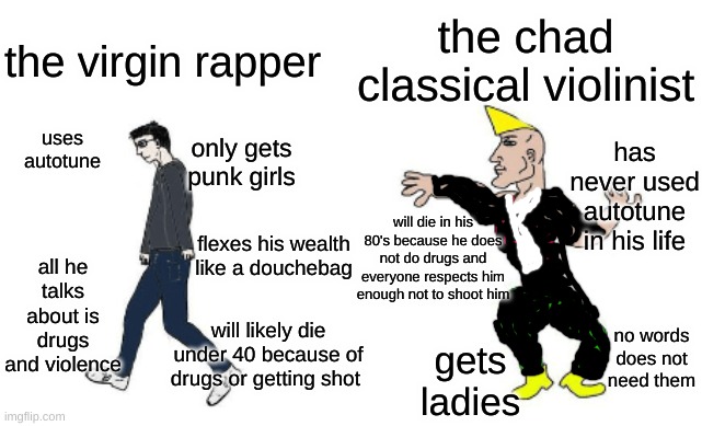 Virgin vs Chad | the chad classical violinist; the virgin rapper; only gets punk girls; uses autotune; has never used autotune in his life; will die in his 80's because he does not do drugs and everyone respects him enough not to shoot him; flexes his wealth like a douchebag; all he talks about is drugs and violence; will likely die under 40 because of drugs or getting shot; no words does not need them; gets ladies | image tagged in virgin vs chad | made w/ Imgflip meme maker