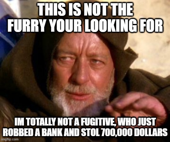 THIS IS NOT THE FURRY YOUR LOOKING FOR; IM TOTALLY NOT A FUGITIVE, WHO JUST ROBBED A BANK AND STOL 700,000 DOLLARS | made w/ Imgflip meme maker