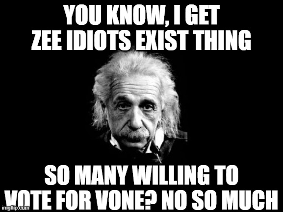 Albert Einstein 1 Meme | YOU KNOW, I GET ZEE IDIOTS EXIST THING SO MANY WILLING TO VOTE FOR VONE? NO SO MUCH | image tagged in memes,albert einstein 1 | made w/ Imgflip meme maker
